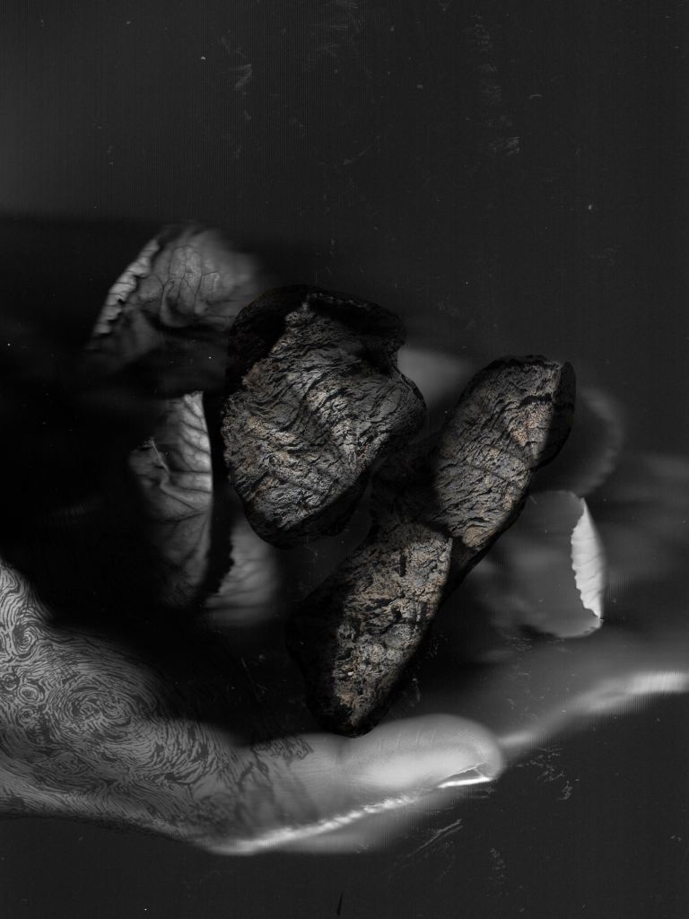 No vestige of a beginning, no prospect of an end ©Jane Robb, black and white digital photograph of a hand holding textured pebbles.