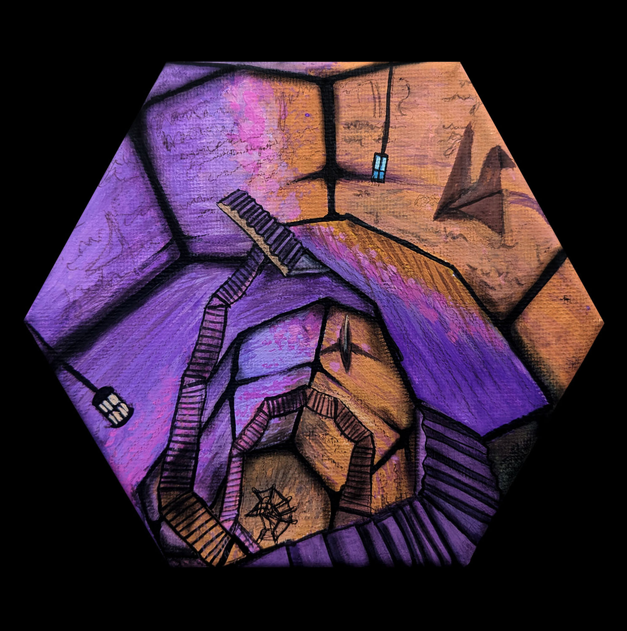 The Polyhedron ©Laurel Stevens, an Escheresque painting of winding stairs and levels in purple and orange painted in a polyhedron shape on a black square