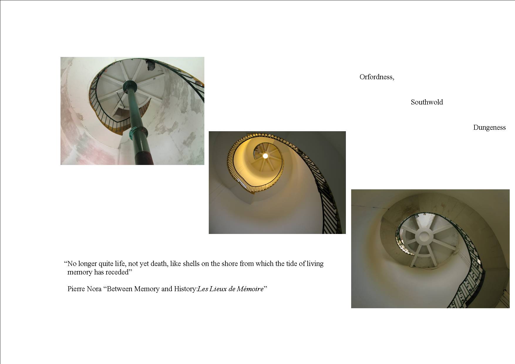 Eros/ion ©Gen Doy, three photographs of different spiral staircases taken from the ground looking up and text.
