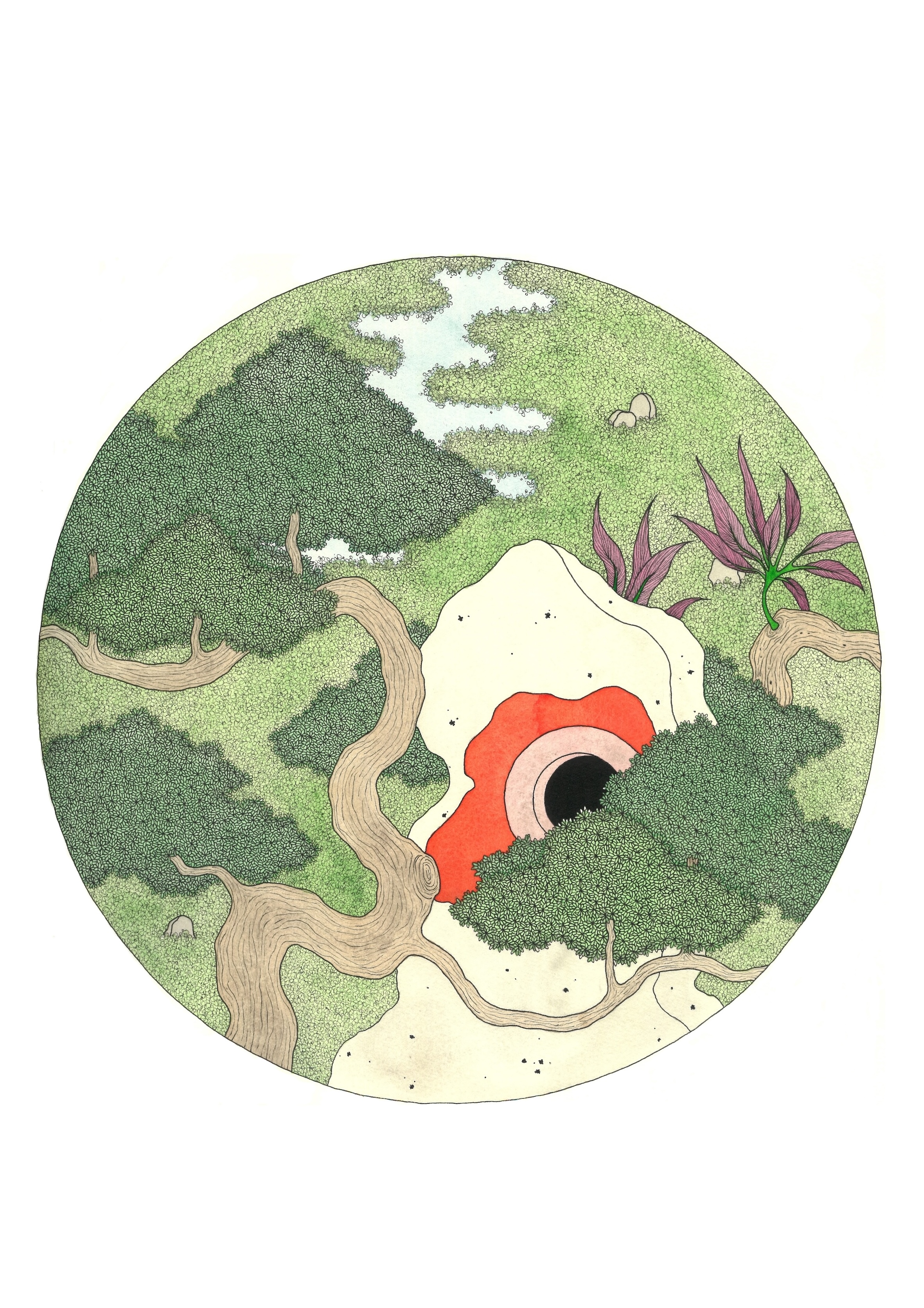 Irrational Decimals ©Lee Jia-An, a landscape watercolour of snaking tree branches, a cave, and waterway in a green field.