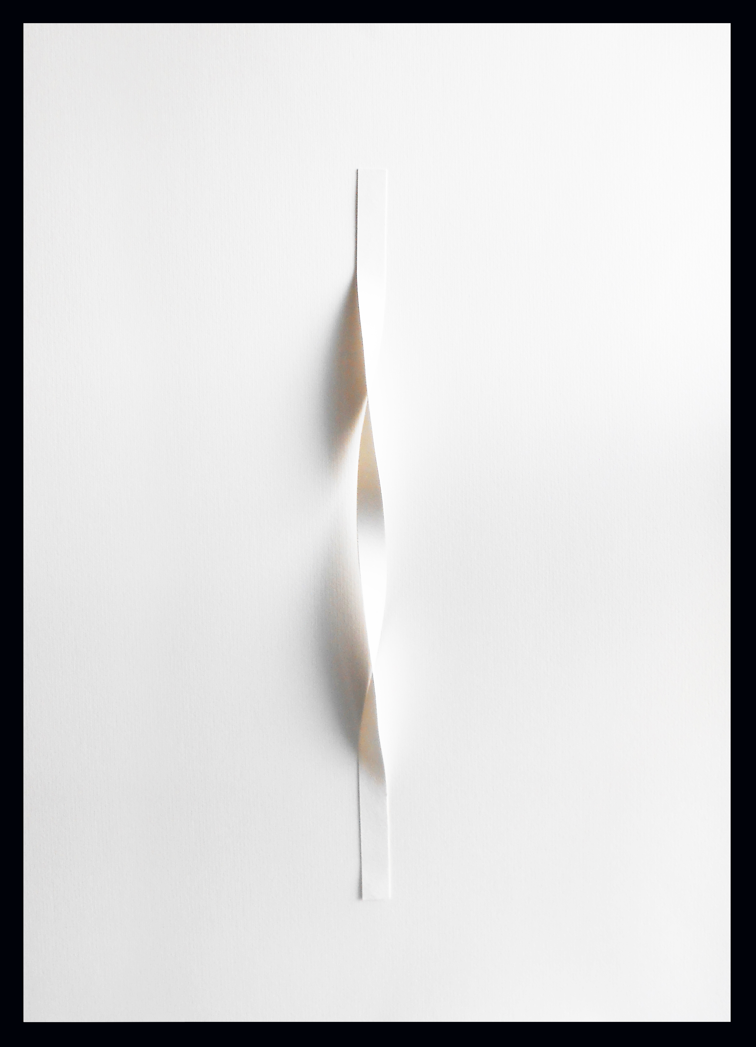 Bi-flexion ©Luciano Caggianello, a thin strip of twisted white paper attached at the ends to a white background page creates a 3D form casting shadows out of 2D materials.